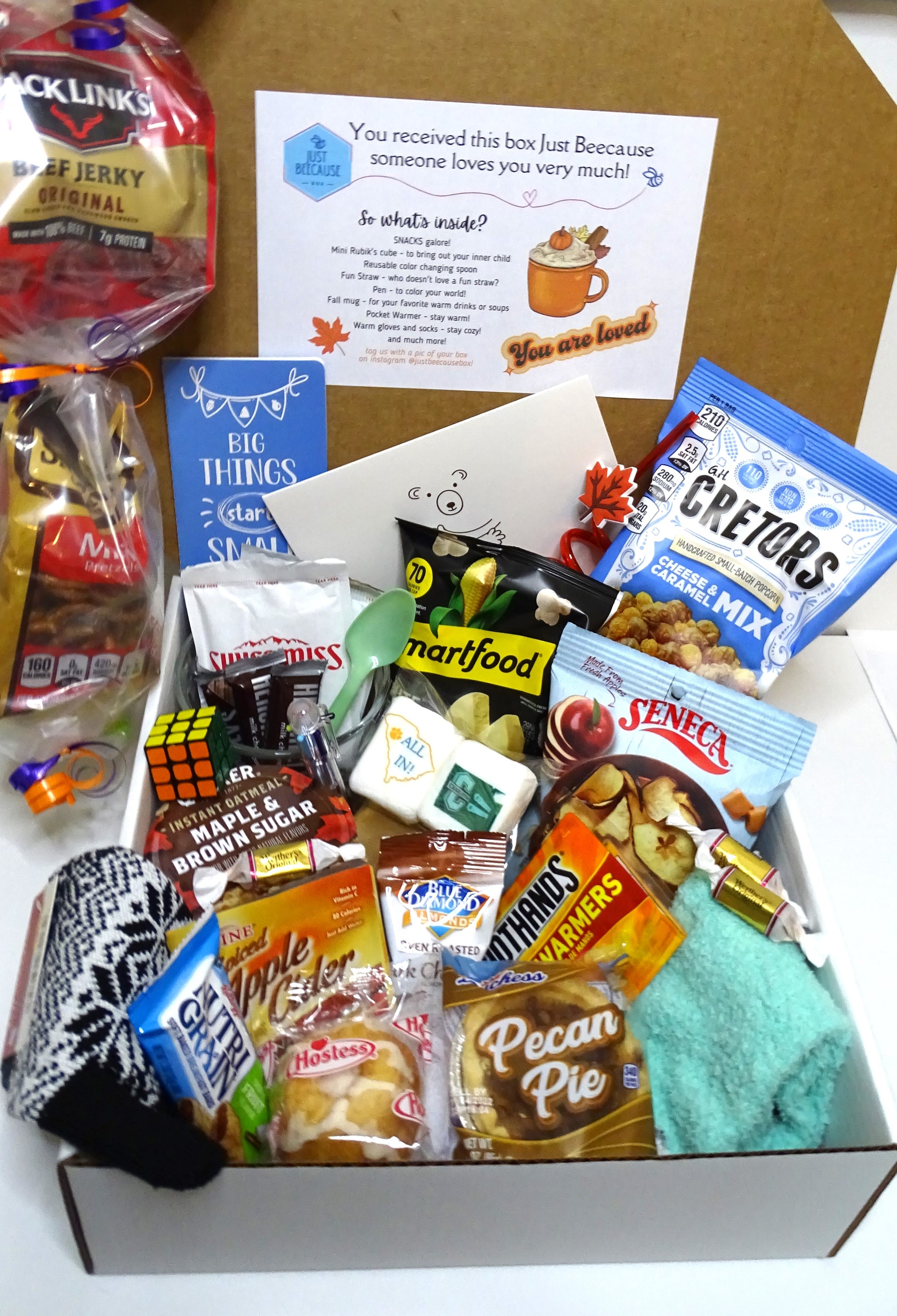 Just Beecause Box November college care package gift box for student free shipping local delivery Clemson UofSC College of Charleston UNC Asheville Mars Hill University